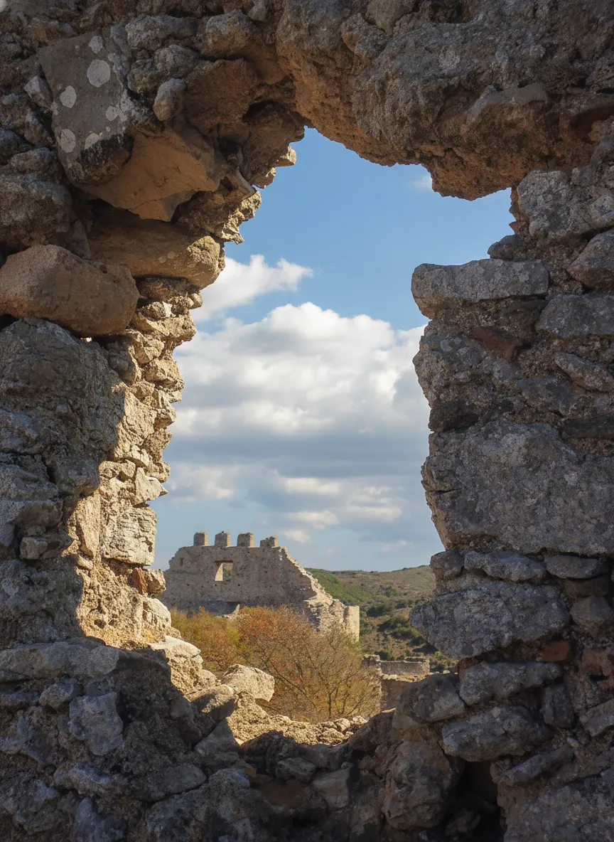 Panoramic view of Palaiochora, Kythira, showing ancient Byzantine ruins clinging to a dramatic ravine edge, with the gorge stretching out below.