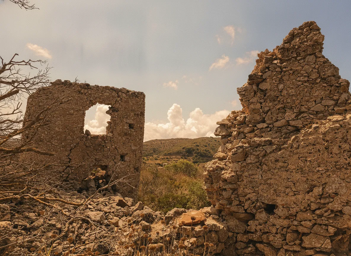 Close-up of a ruined Byzantine church within Palaiochora, Kythira, showing weathered stone walls and faint traces of frescoes inside.