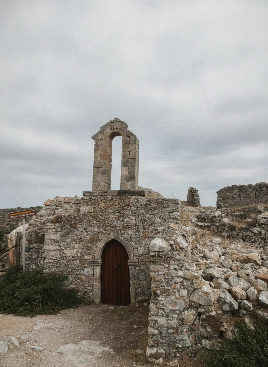 View from the Kastro (acropolis) of Palaiochora, Kythira, looking down onto a sprawling array of overgrown ruins nestled in the gorge, with distant views of the Kythiran landscape.