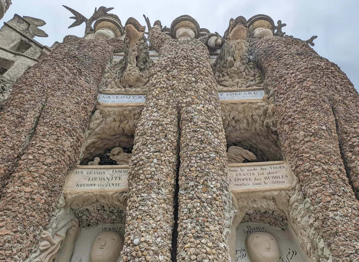 The intricate facade of Palais Idéal du Facteur Cheval, showcasing diverse architectural styles and sculptures made from pebbles and stones.
