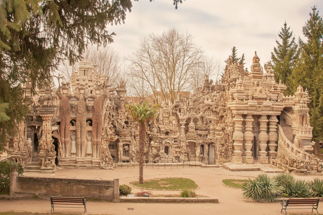 A wider shot of Palais Idéal du Facteur Cheval, showing its unique silhouette against the French countryside.