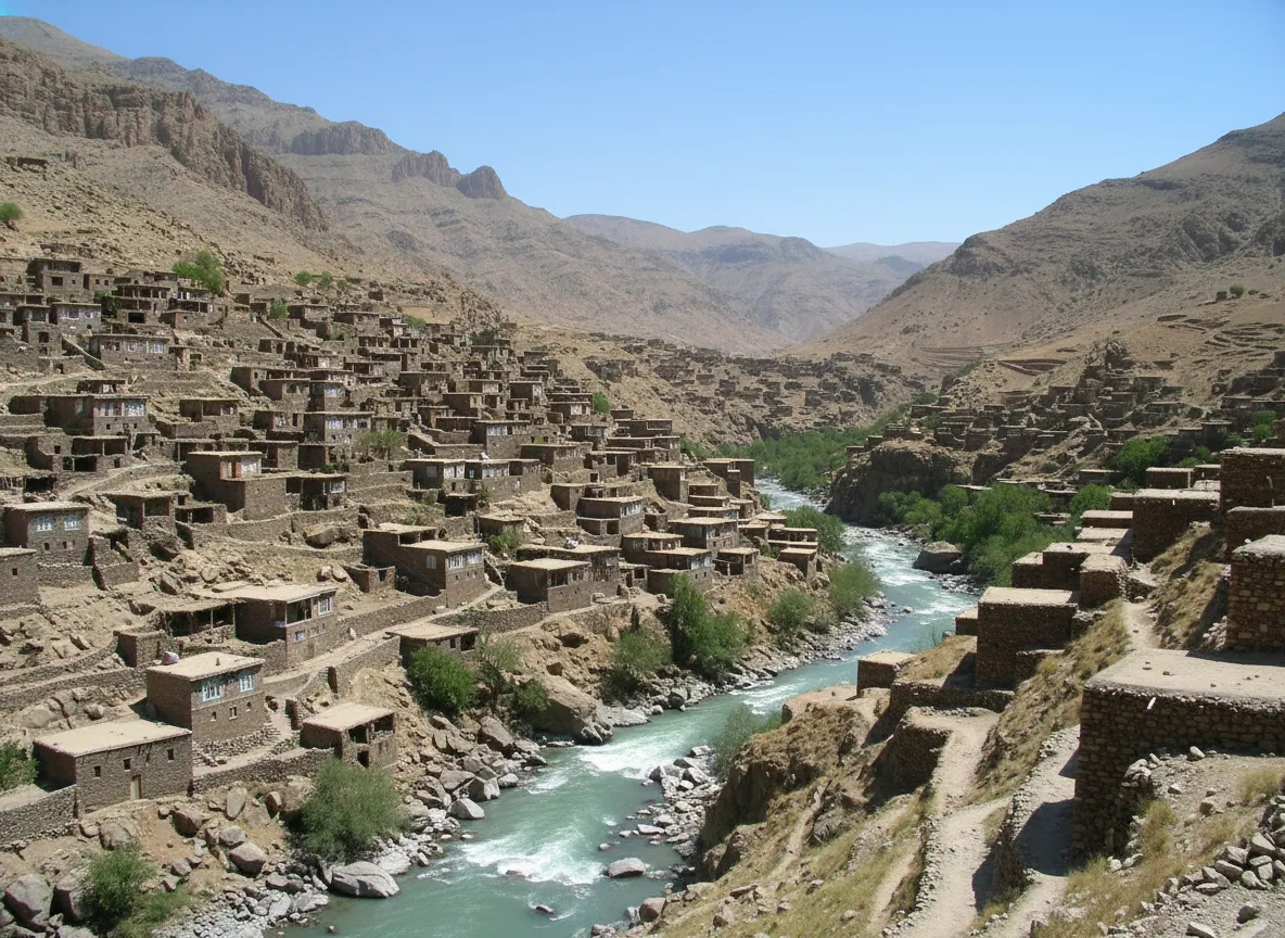 Panoramic view of Palangan Village cascading down a steep mountain valley with terraced stone houses.