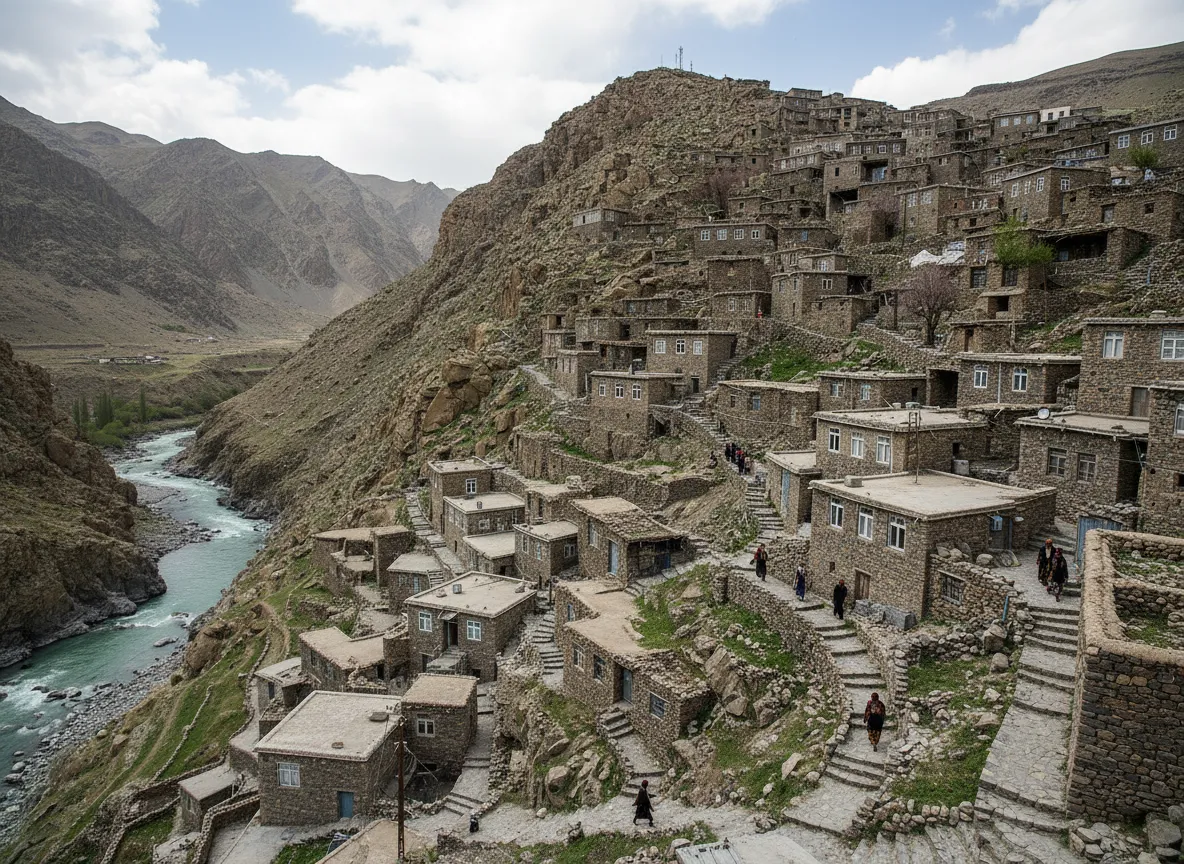 Close-up of stone steps winding through Palangan Village, with traditional Kurdish houses on either side.