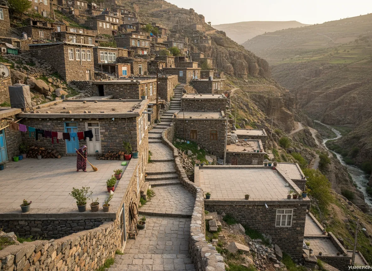 A local Kurdish woman in traditional dress walking on the terraced steps of Palangan Village.