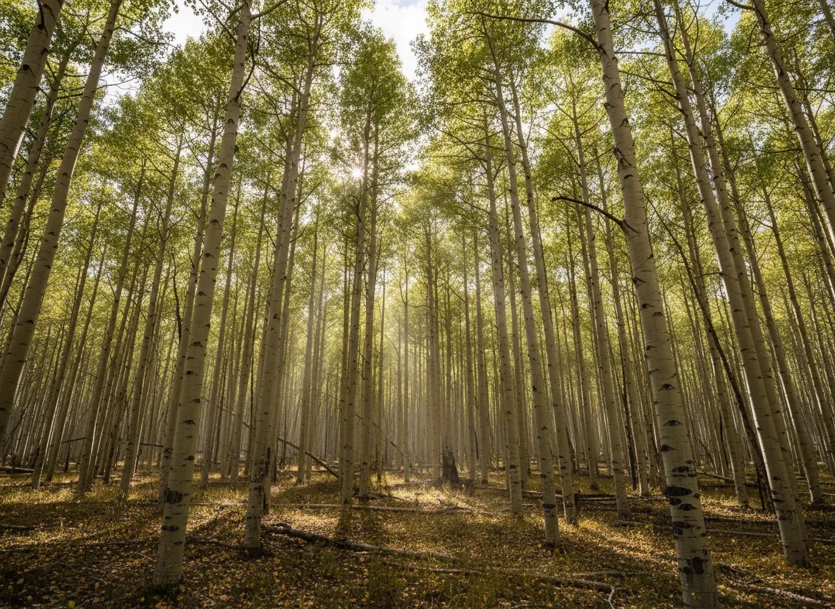 Golden aspen leaves of Pando shimmering in the autumn sun, showing the unique light within the forest.
