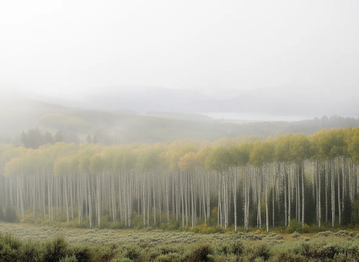 A scenic view of the road winding through the golden Pando forest during autumn, with mountains in the background.