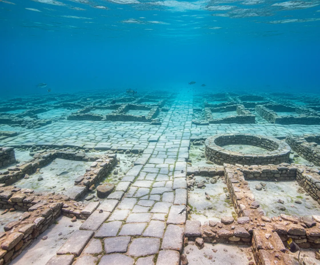 Aerial view of Pavlopetri submerged city showing clear outlines of buildings and streets underwater.