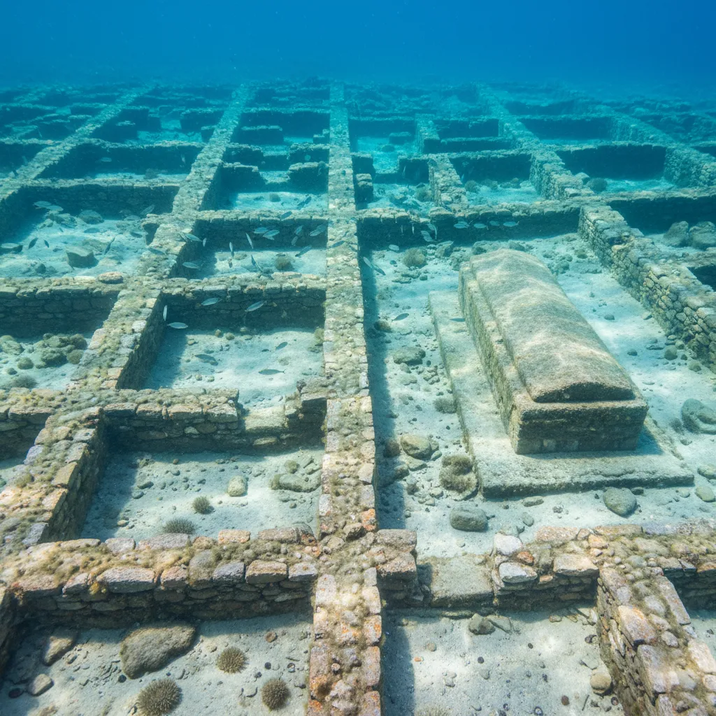 Snorkelers observing the submerged ruins of Pavlopetri, with clear visibility of ancient walls and structures.