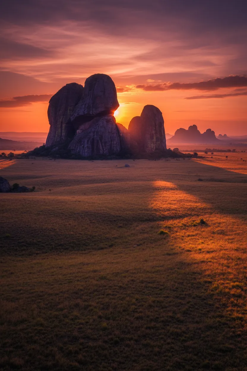 Deep in Angola's interior, giant, smooth black rock formations rise unexpectedly from the flat savanna, forming a surreal landscape whispered to be the petrified remnants of ancient gods.