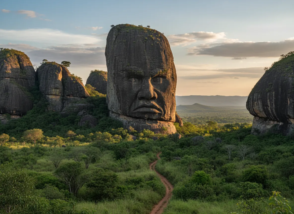 Panoramic view of the giant black rock formations of Pedras Negras de Pungo Andongo rising from the flat savanna in Angola