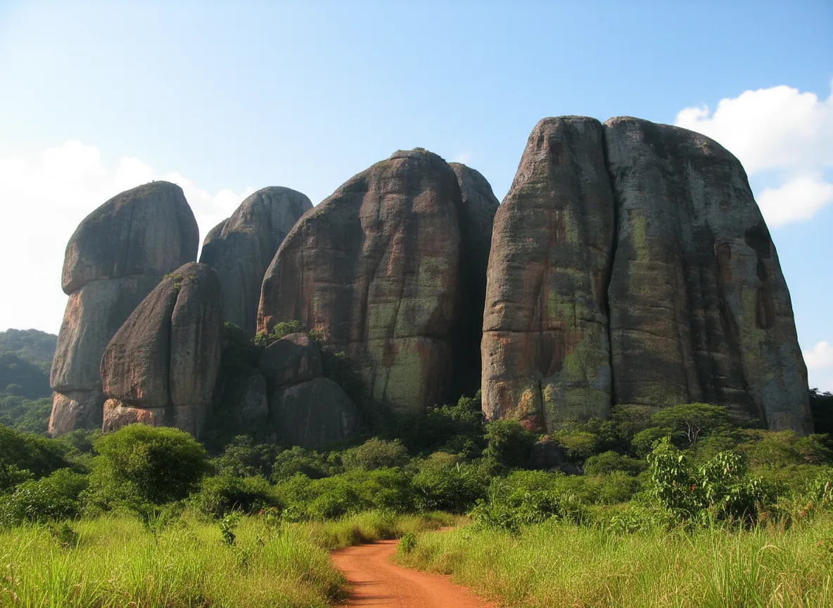 Close-up of a unique rock formation at Pedras Negras resembling a human face or animal, with a local guide gesturing towards it.