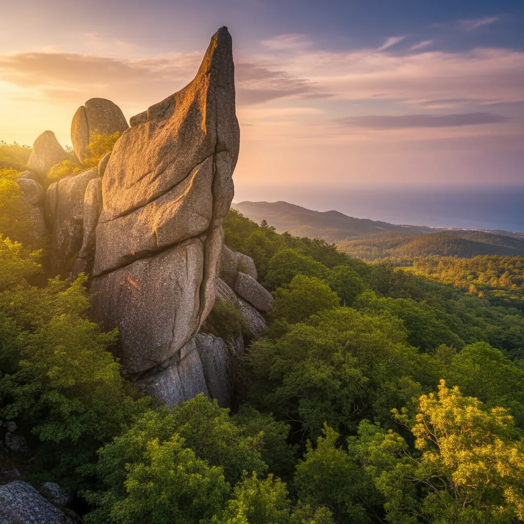 In the verdant heart of rural Galicia, a colossal granite outcrop inexplicably rises from the landscape, carved by nature into the uncanny likeness of a mighty ship's prow, sailing an eternal sea of trees.