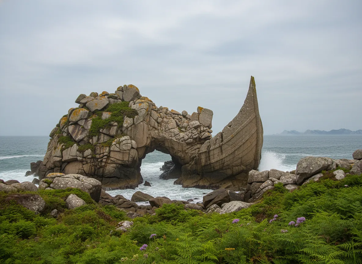 The colossal granite formation of Pena Forada, shaped like a ship's prow, rising majestically from a lush green forest in Galicia, Spain.