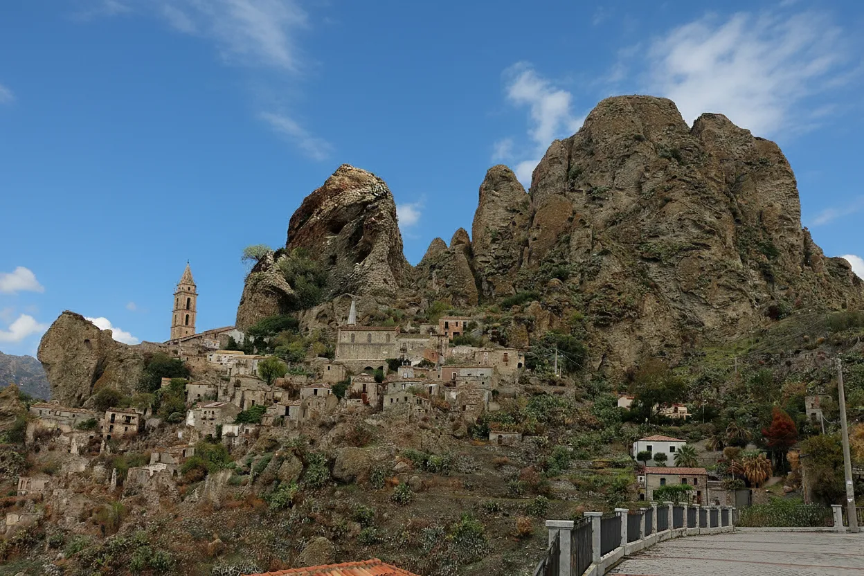 Panoramic view of Pentedattilo clinging to its five-fingered rock formation, with the Ionian Sea in the distance.