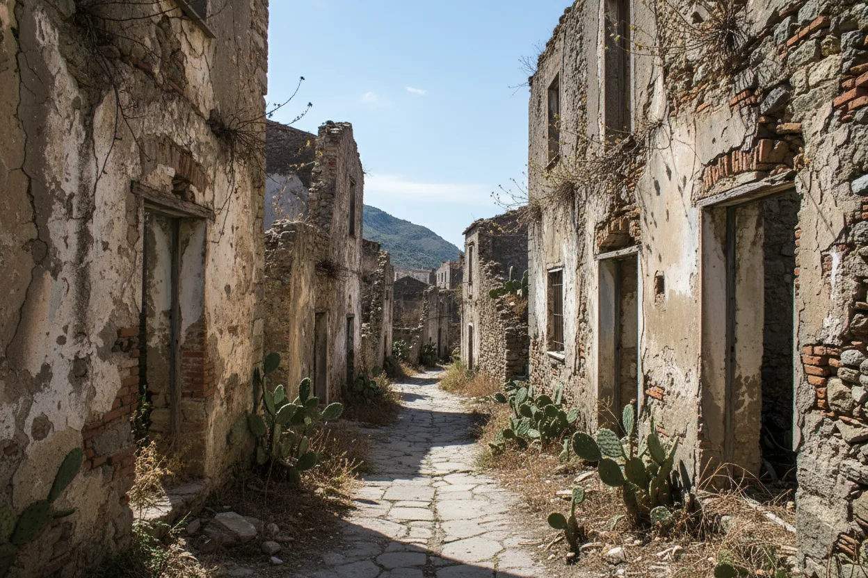 Close-up of a cobblestone street in Pentedattilo with restored artisan shops and ancient stone houses.