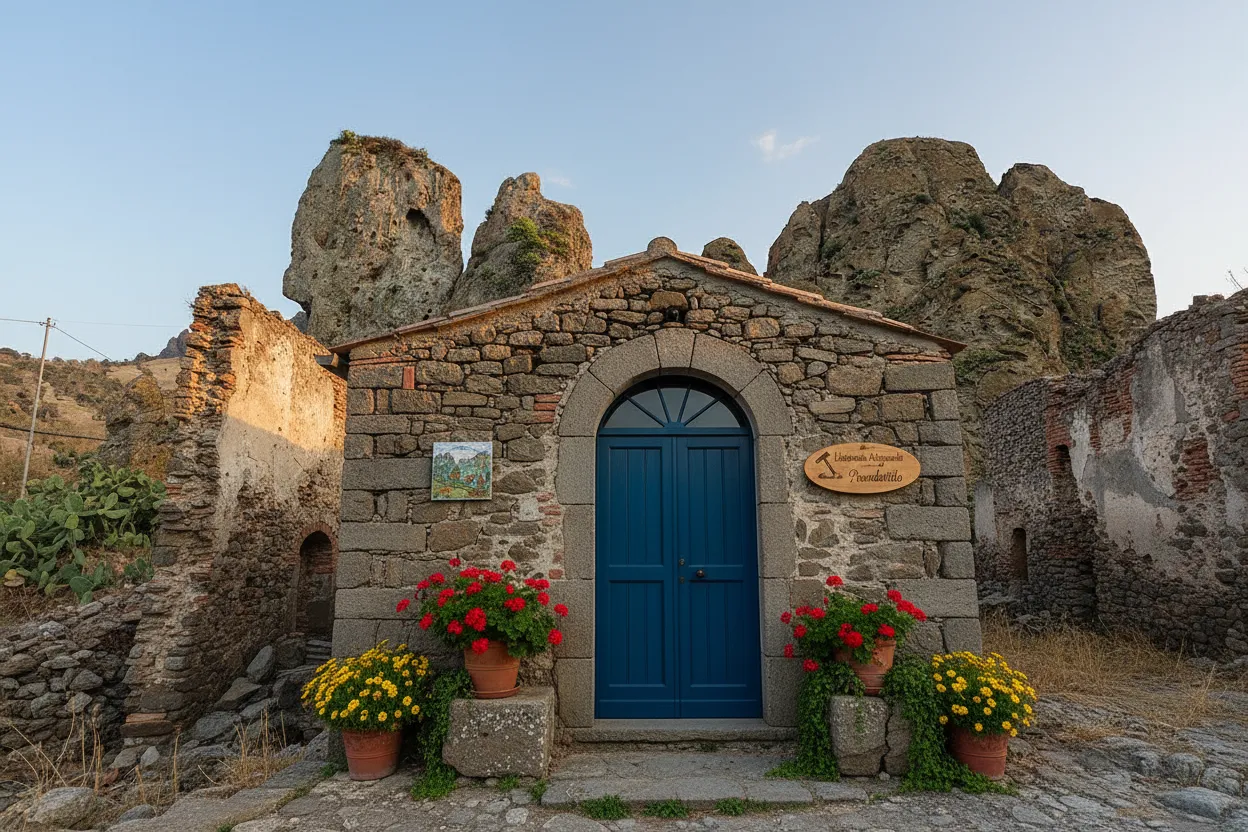 A restored stone house in Pentedattilo with a vibrant artisan workshop sign, surrounded by ancient ruins.
