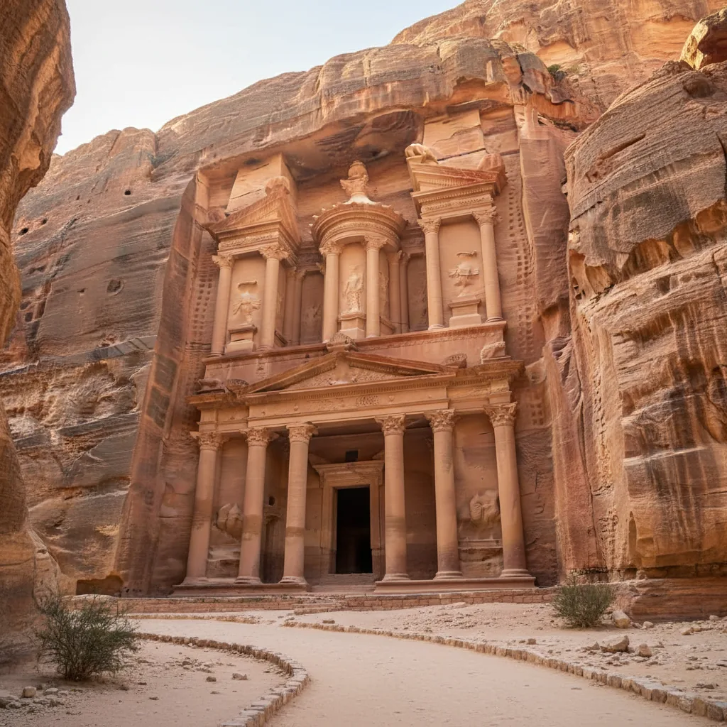 View of the Siq canyon in Petra, Jordan, with towering sandstone walls and a narrow path leading to the Treasury.