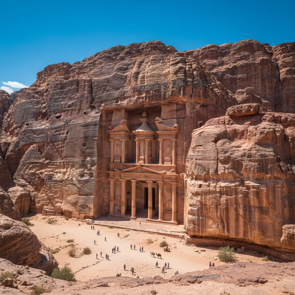 The iconic Treasury (Al-Khazneh) in Petra, Jordan, a magnificent rock-cut facade illuminated by sunlight.