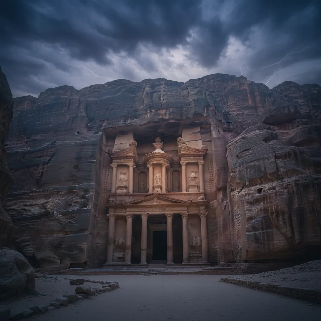 The magnificent Monastery (Ad Deir) in Petra, Jordan, a colossal rock-cut structure high in the mountains, with a person standing at its base for scale.