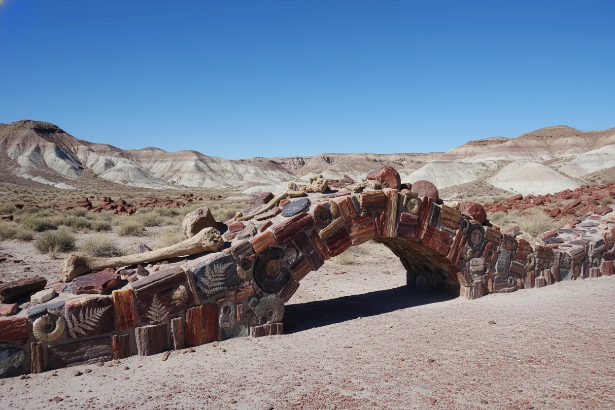Close-up of intricate patterns and colors in petrified wood used in a park structure.