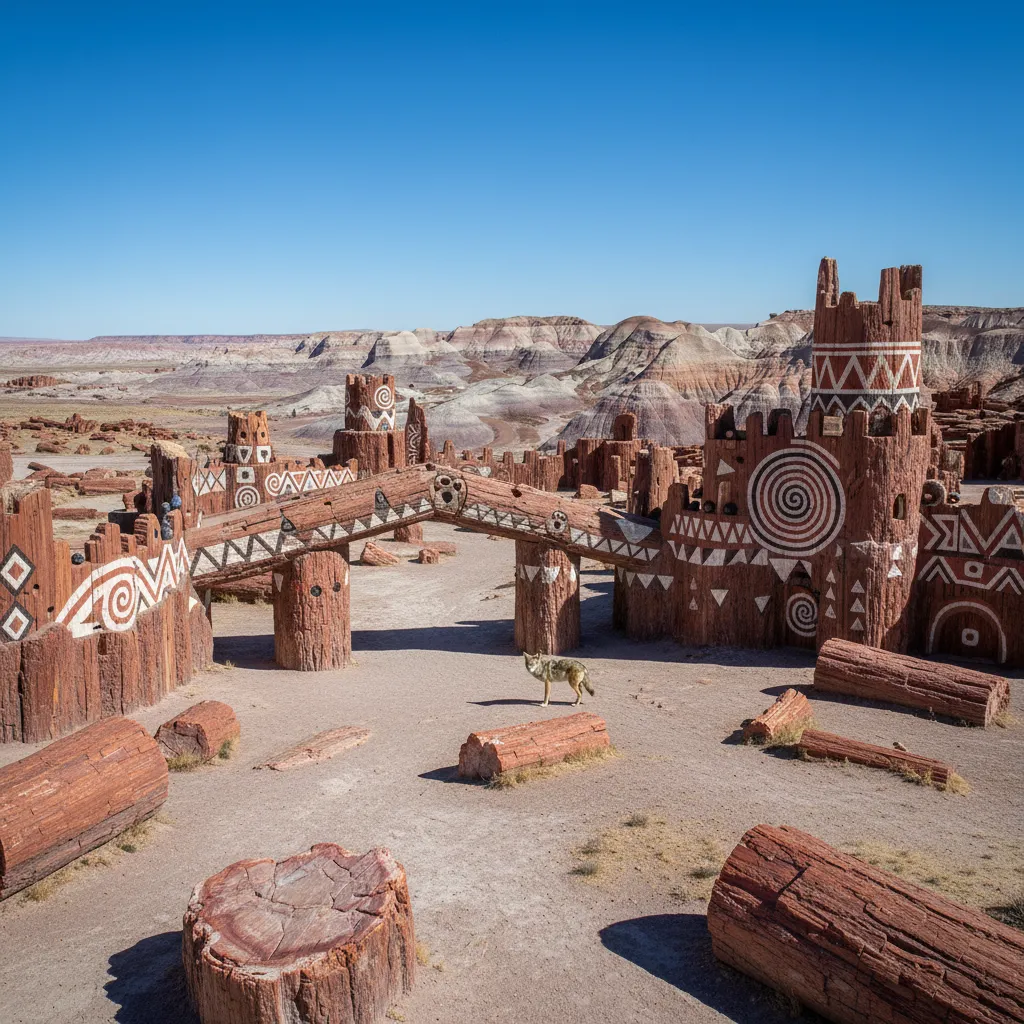 A unique petrified wood fountain feature within the park, showcasing various fossil types.