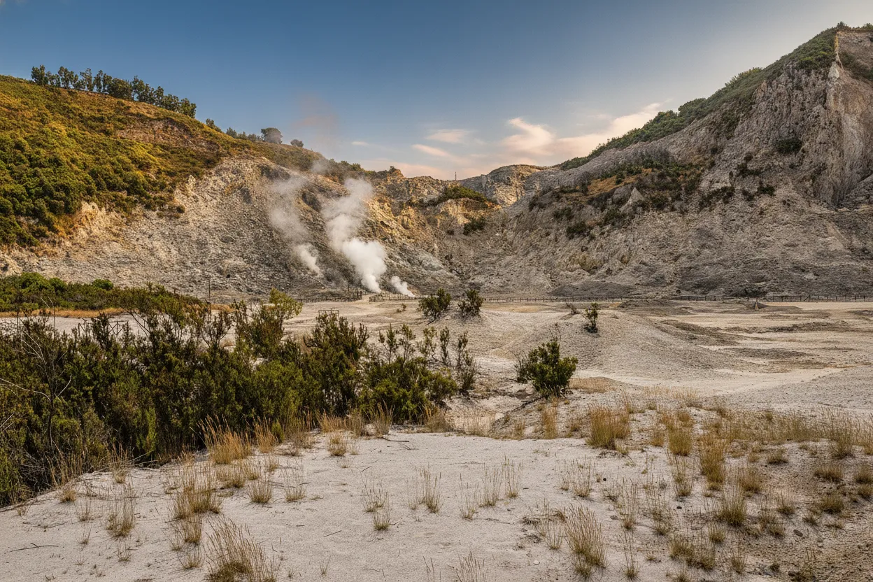 Steam rising from fumaroles at a volcanic site within the Phlegraean Fields, Italy.
