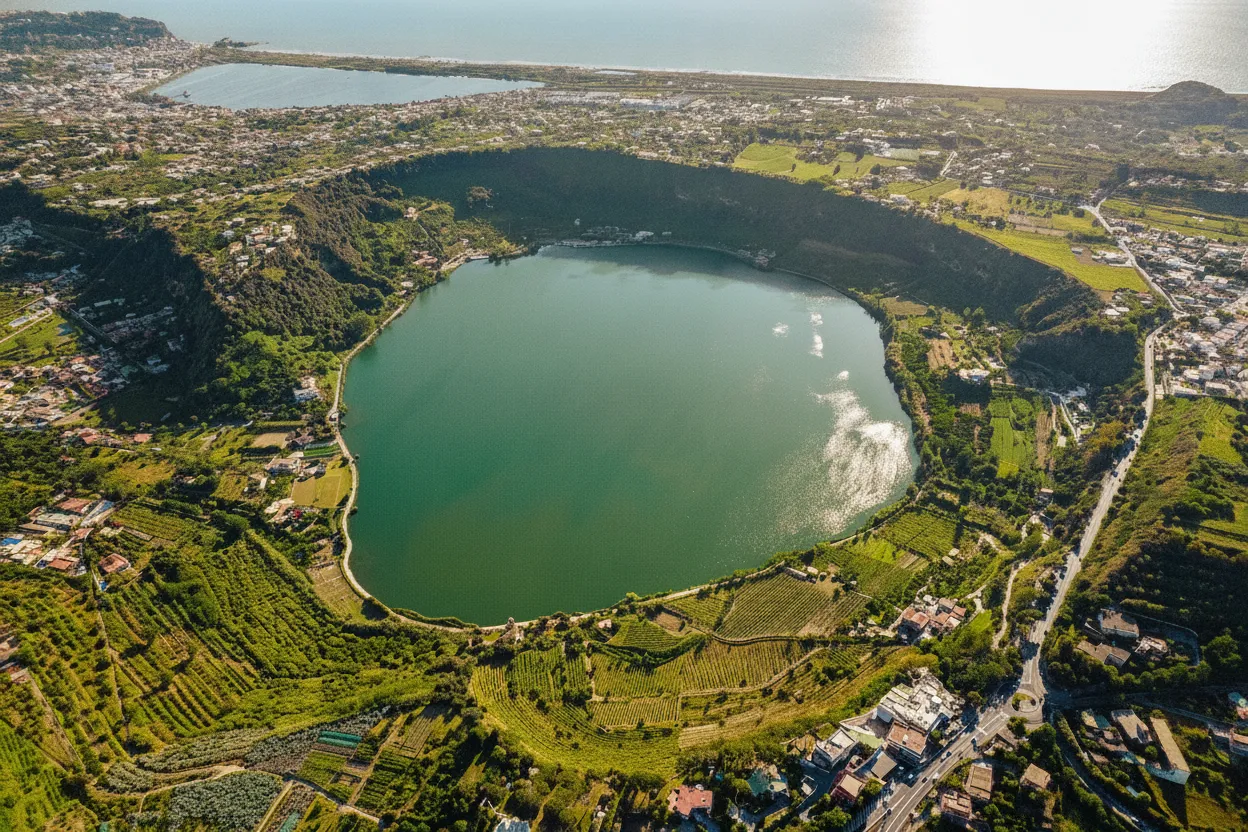 Panoramic view of Lake Avernus with lush green hills and a clear blue sky.