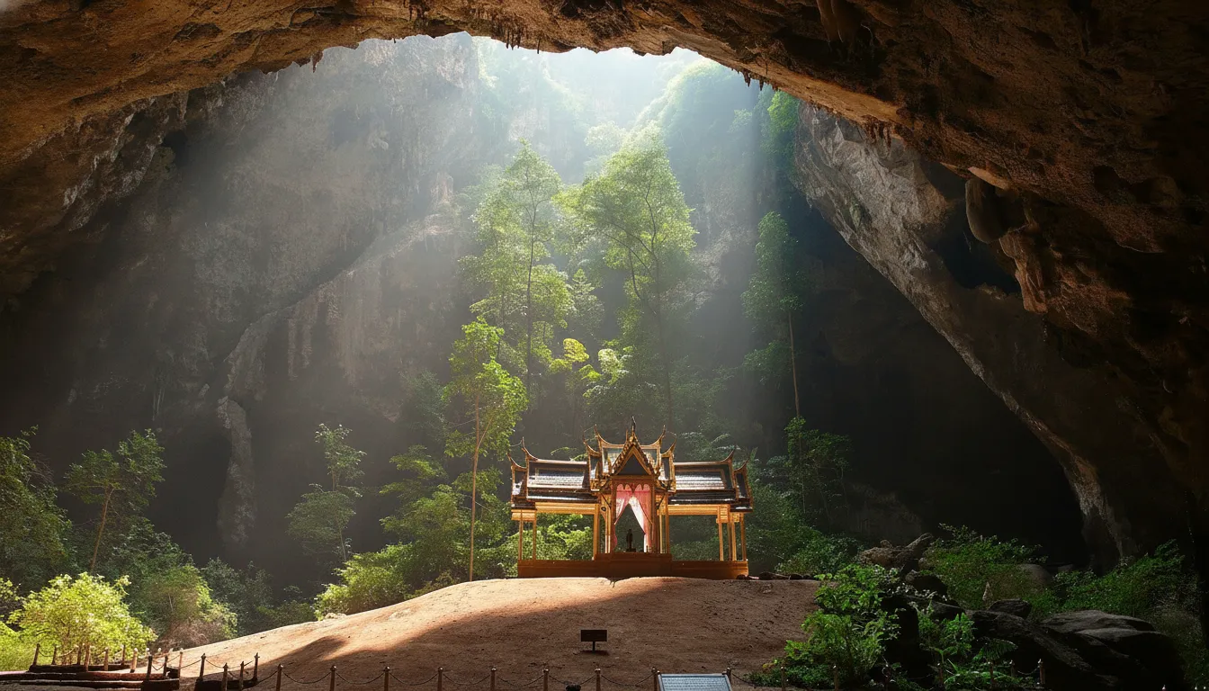 Imagine stepping into a vast, sun-drenched cavern where a majestic royal pavilion stands, bathed in light from a natural skylight above.