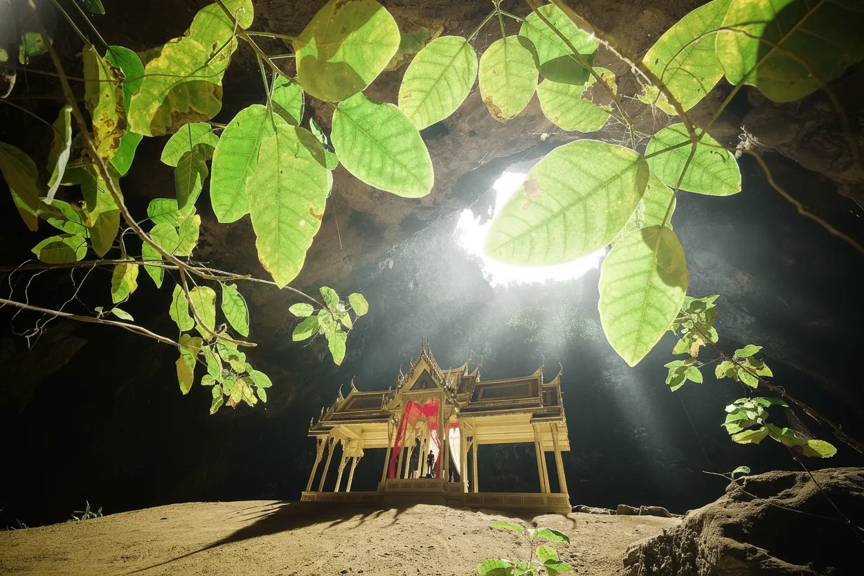 Sunlight illuminating the Kuha Karuehat Pavilion inside Phraya Nakhon Cave, Thailand