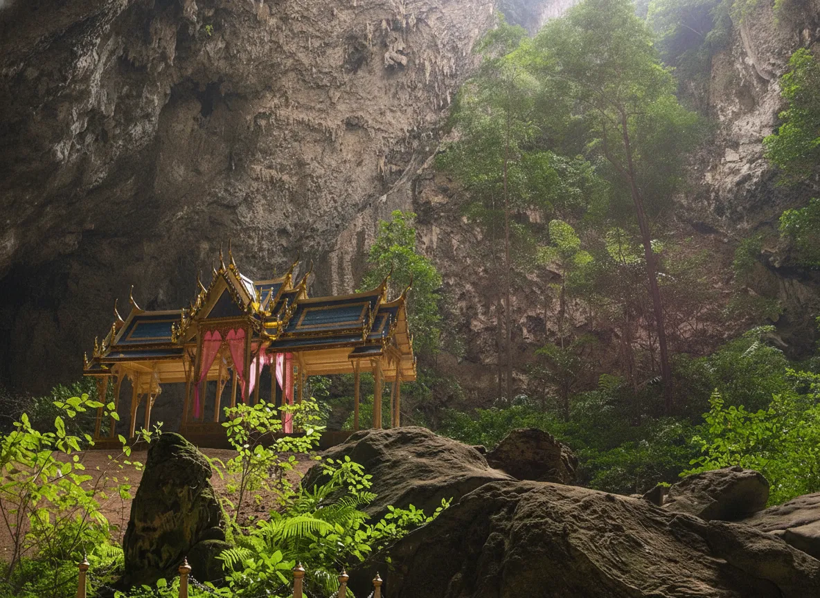 Panoramic view of Khao Sam Roi Yot National Park coastline with towering limestone cliffs and a tranquil beach