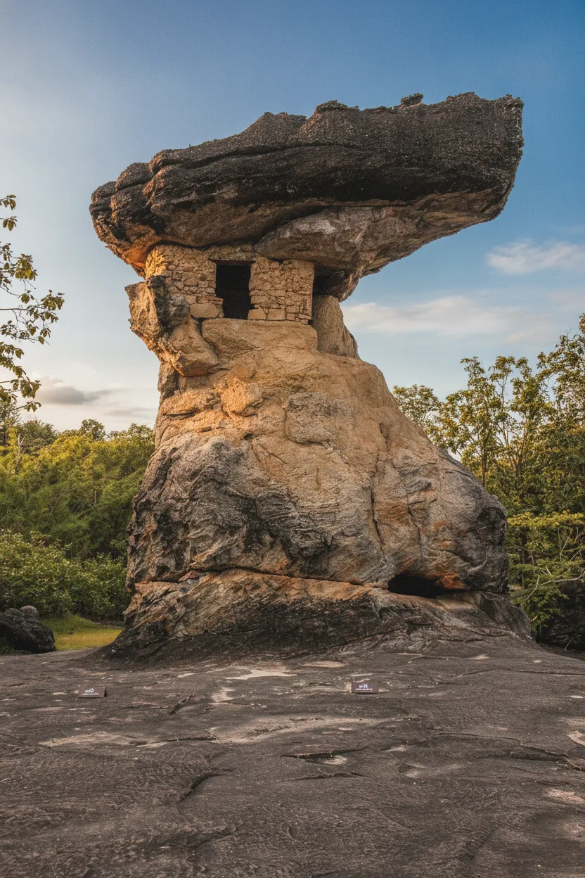 Mushroom-shaped sandstone rock formations at Phu Phra Bat Historical Park with lush green trees in the background.