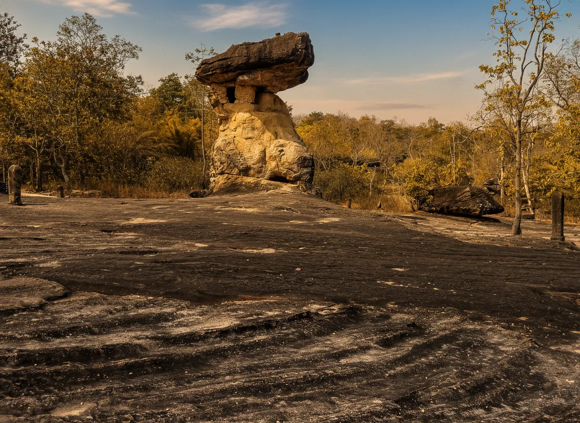Ancient Dvaravati-style Buddha image carved into a sandstone rock face at Phu Phra Bat Historical Park, surrounded by natural rock.