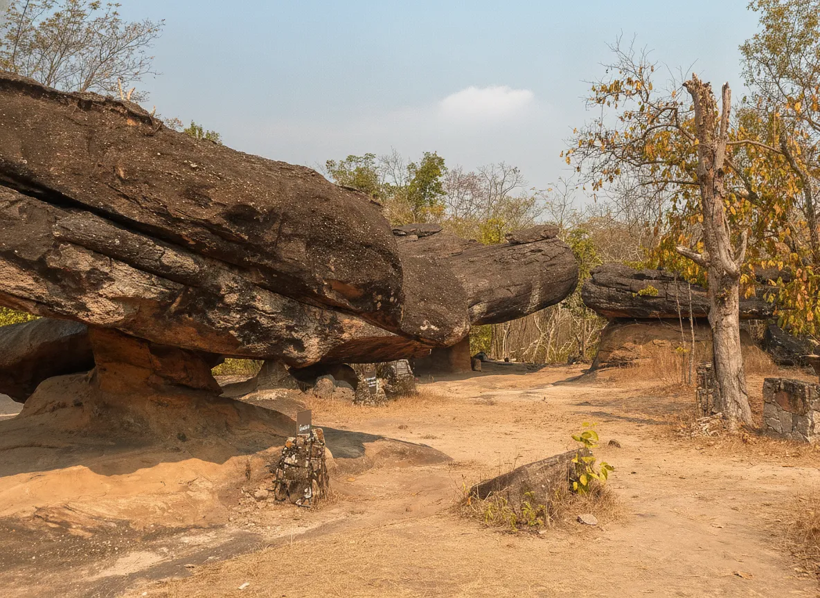 A visitor walking on a well-maintained path through the rock formations at Phu Phra Bat Historical Park, surrounded by lush vegetation.