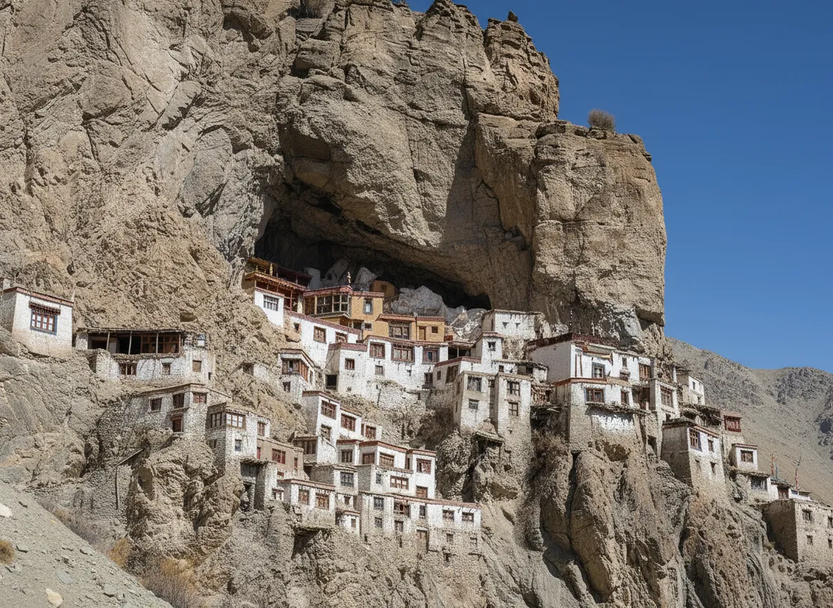 Panoramic view of Phugtal Monastery built into a large natural cave on a cliff face in Ladakh, India. Mud and timber structures blend with the rock, overlooking a river valley.