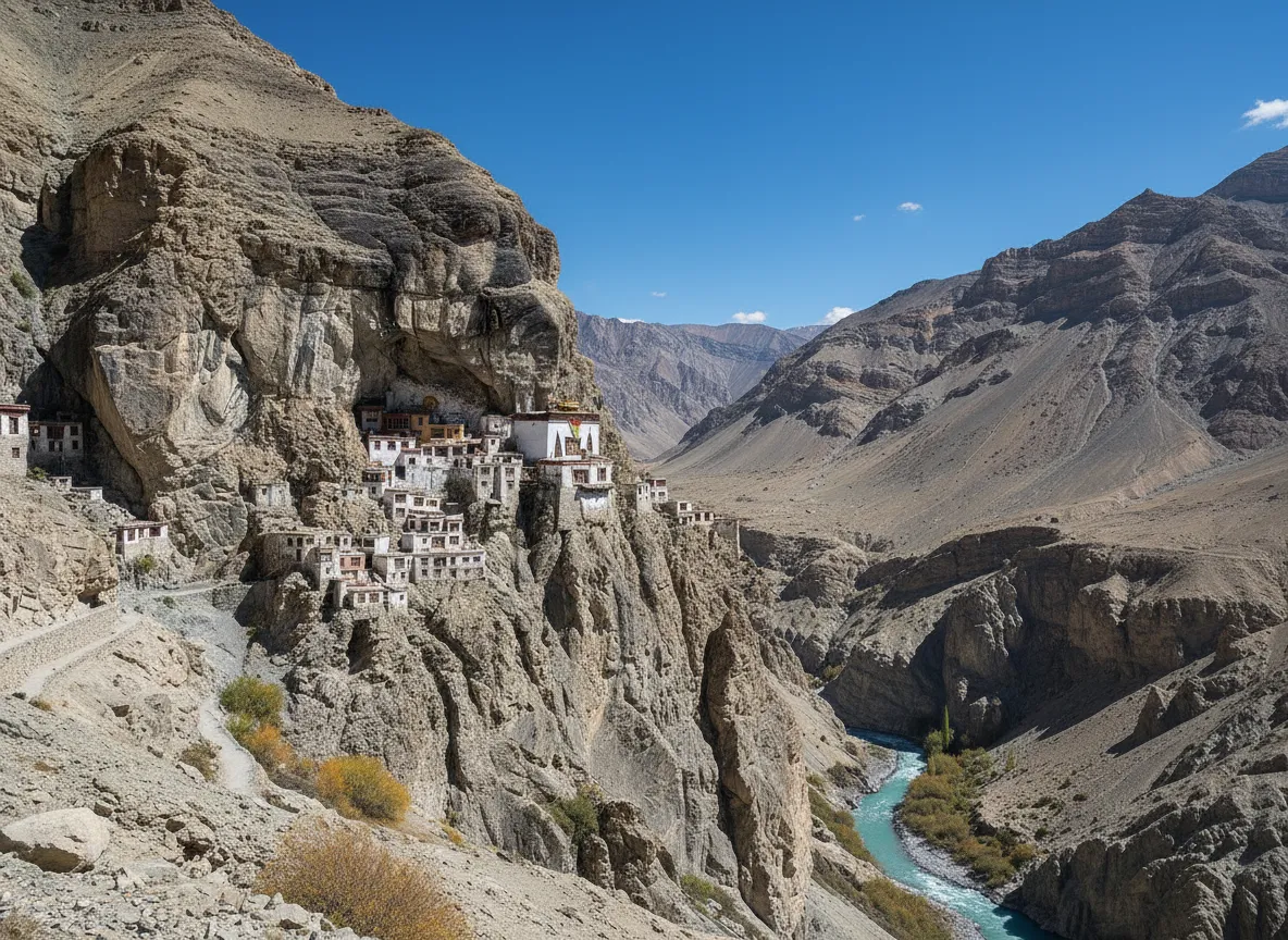 Interior shot of a dimly lit prayer hall in Phugtal Monastery, showing ancient murals, thangkas, and statues of Buddhist deities. A monk might be seen in contemplation.