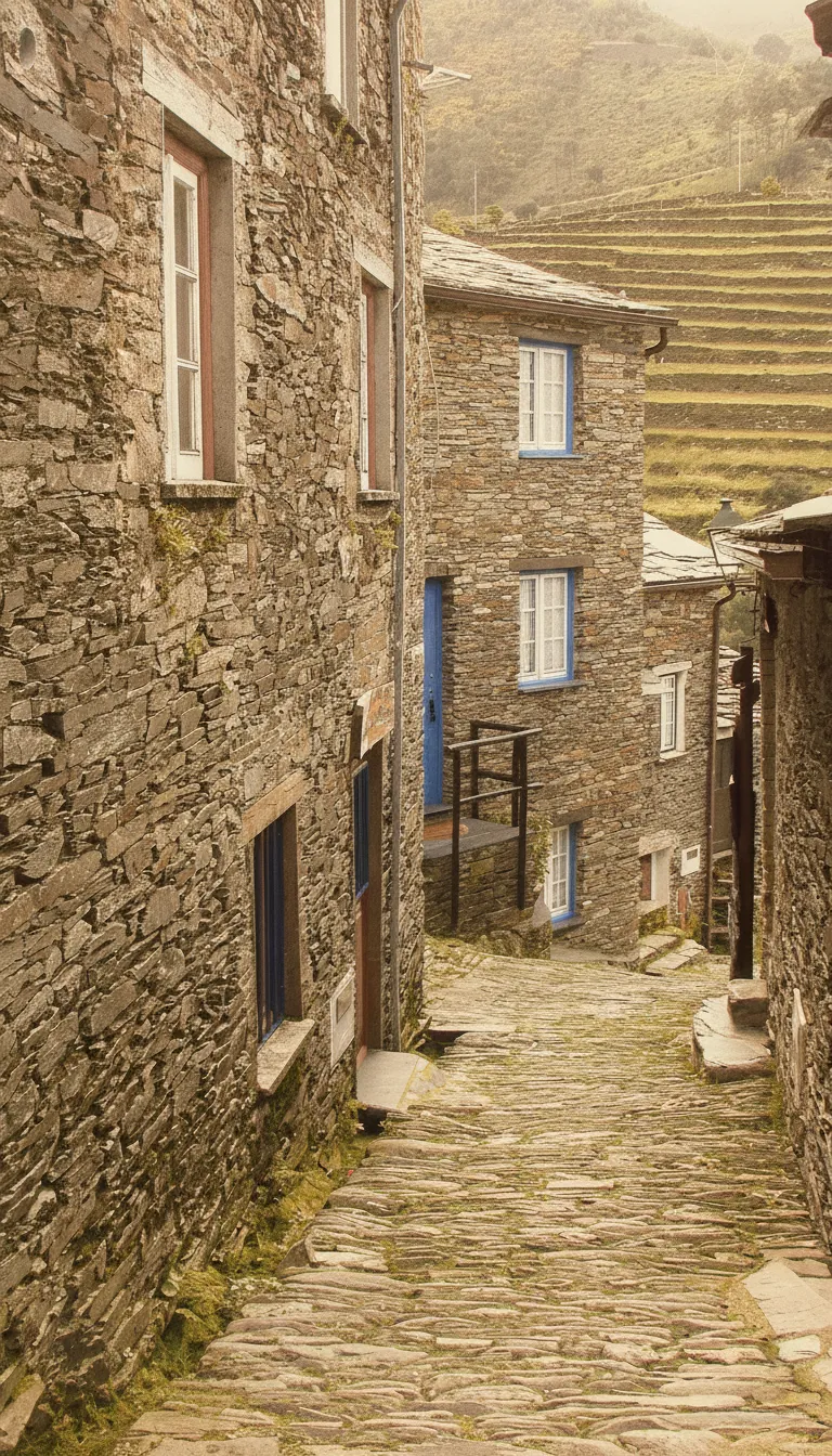 Narrow cobbled street in Piódão with traditional schist houses and blue window frames.