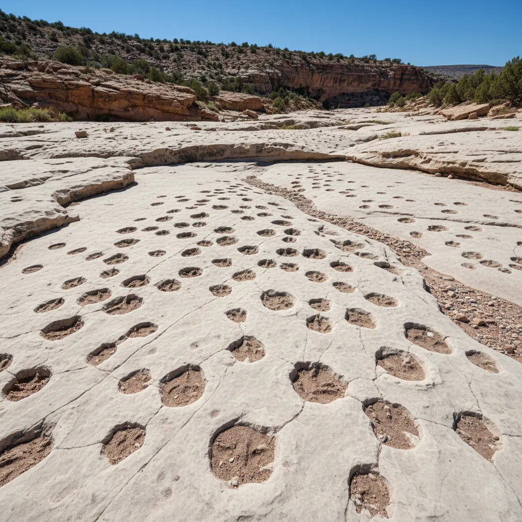 Dinosaur footprints clearly visible in the Picketwire Canyonlands riverbed, showing multiple tracks