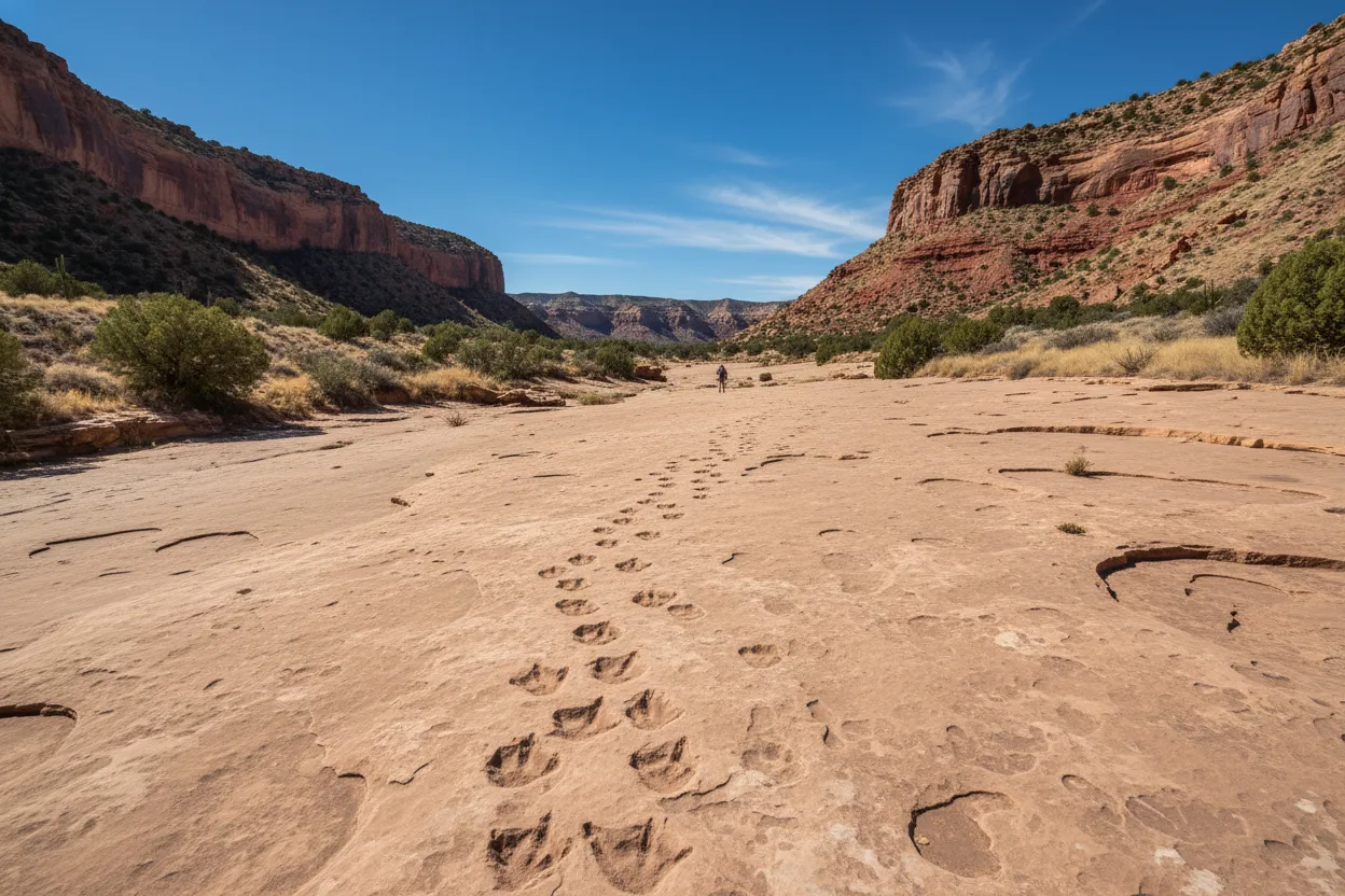 Ancient petroglyphs carved into a rock face in Picketwire Canyonlands