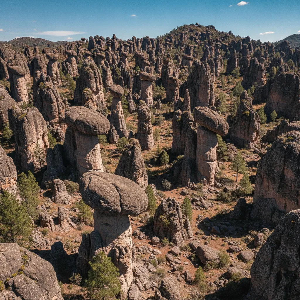 Massive volcanic rock formations stacked precariously in Piedras Encimadas, Puebla, Mexico