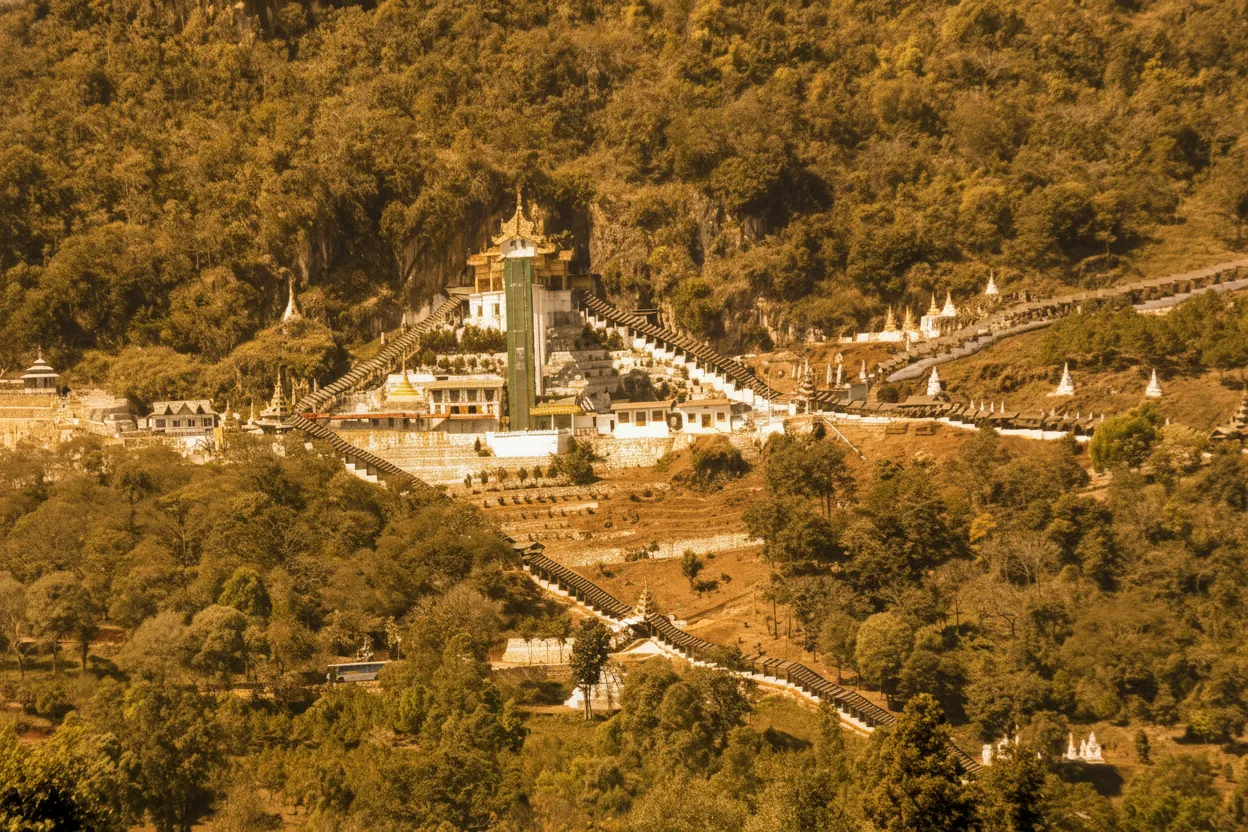 Entrance to Pindaya Caves with the spiral staircase and pagoda