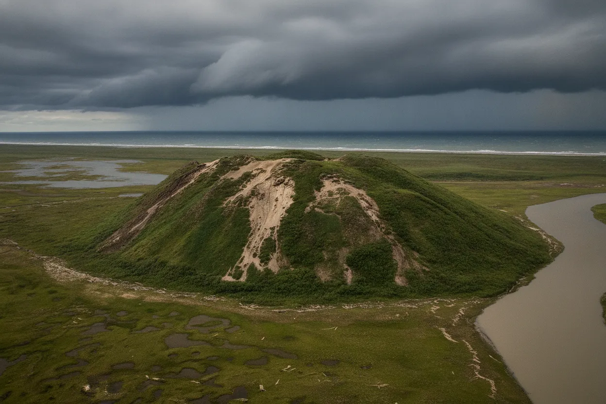 View of the Pingo Canadian Landmark with the Arctic Ocean in the background, showcasing the vastness of the region.