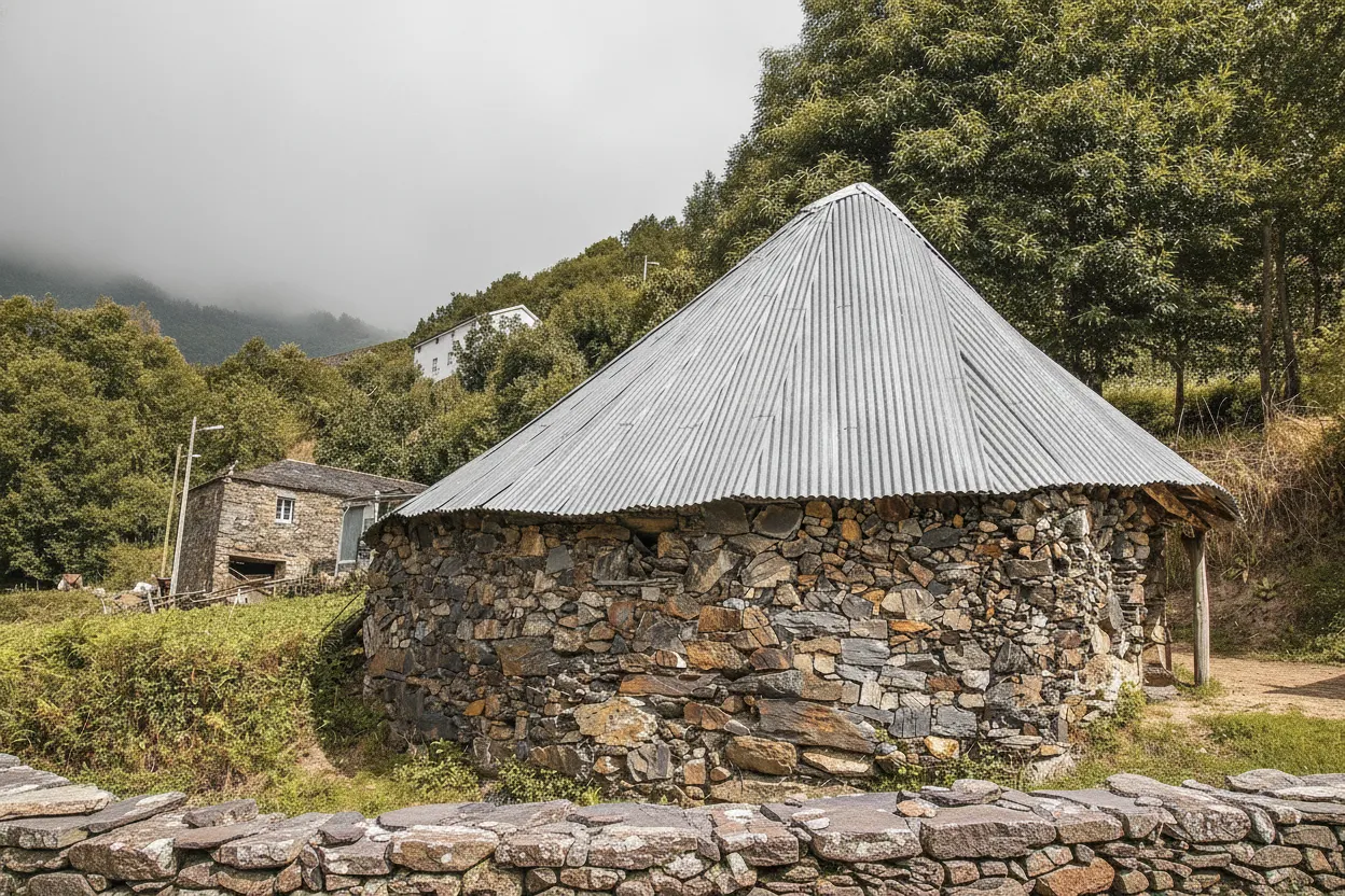A panoramic view of Piornedo village, showcasing multiple pallozas nestled in the green Ancares Mountains, under a clear blue sky.