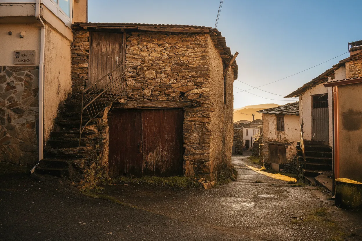 A narrow, stone-paved path winding through Piornedo, flanked by ancient pallozas and lush vegetation, inviting exploration.