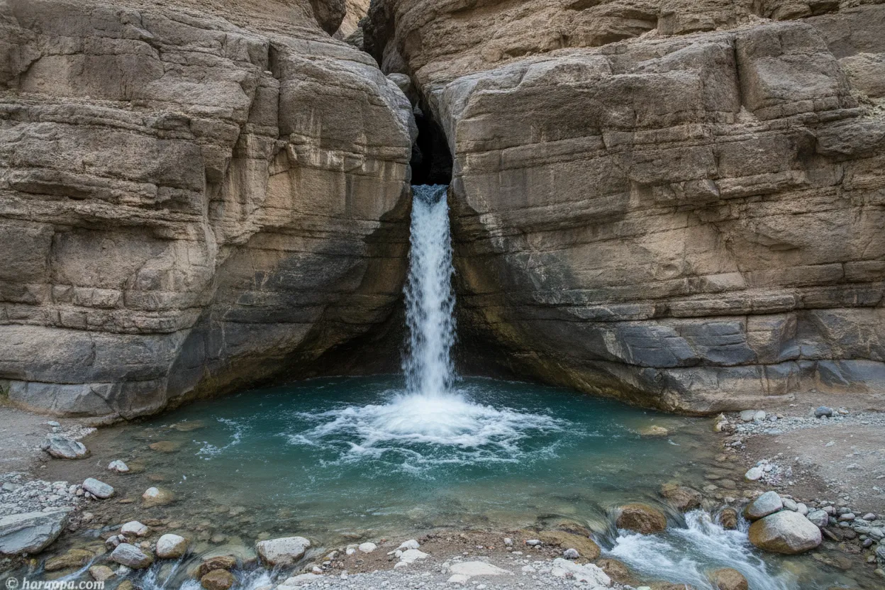 Lush green oasis with palm trees surrounding a small stream in a desert landscape in Pir Ghaib, Balochistan.