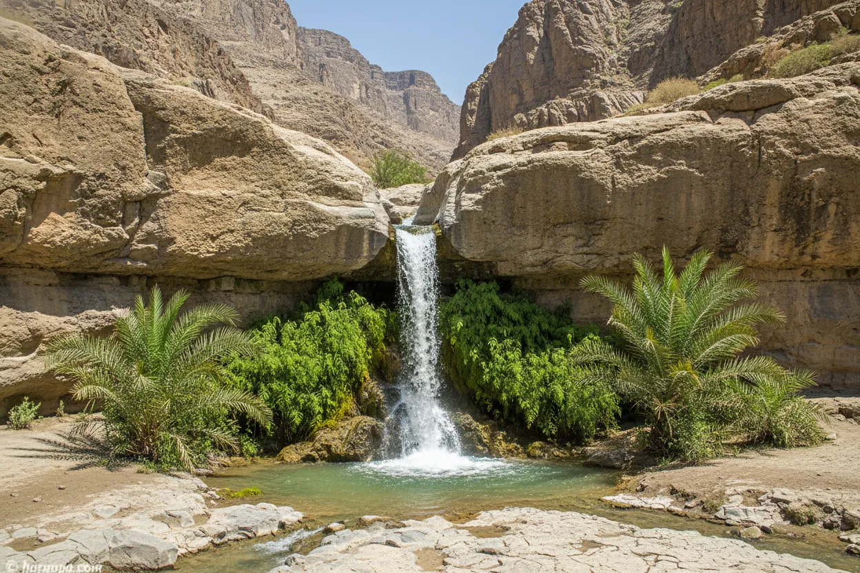 A series of small waterfalls cascading over smooth rocks into clear pools, surrounded by lush greenery and sparse desert mountains in the background at Pir Ghaib.