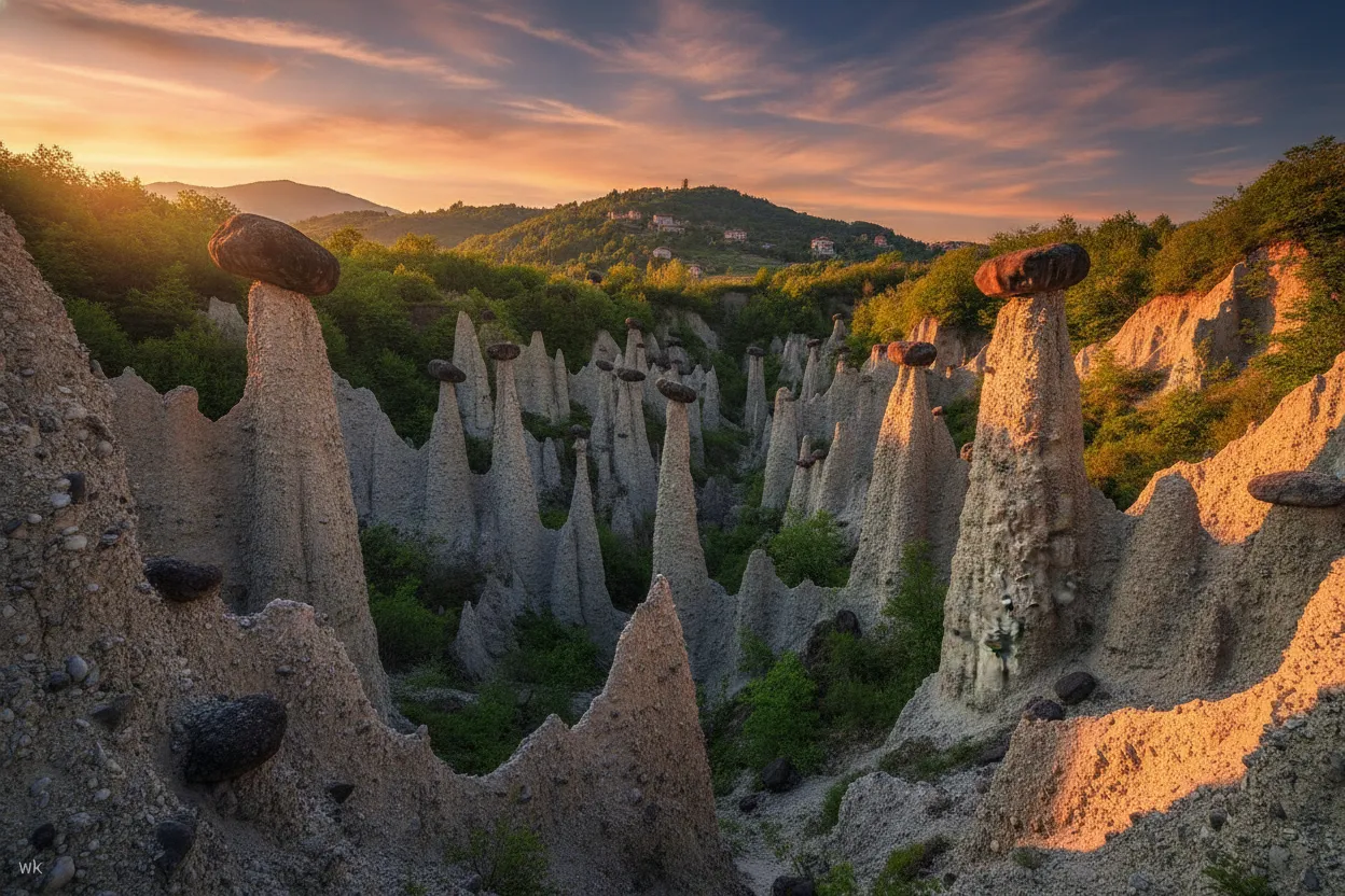 Imagine walking through a forest where gravity-defying earth columns, each topped with a massive boulder hat, stand sentinel like ancient, silent guardians.