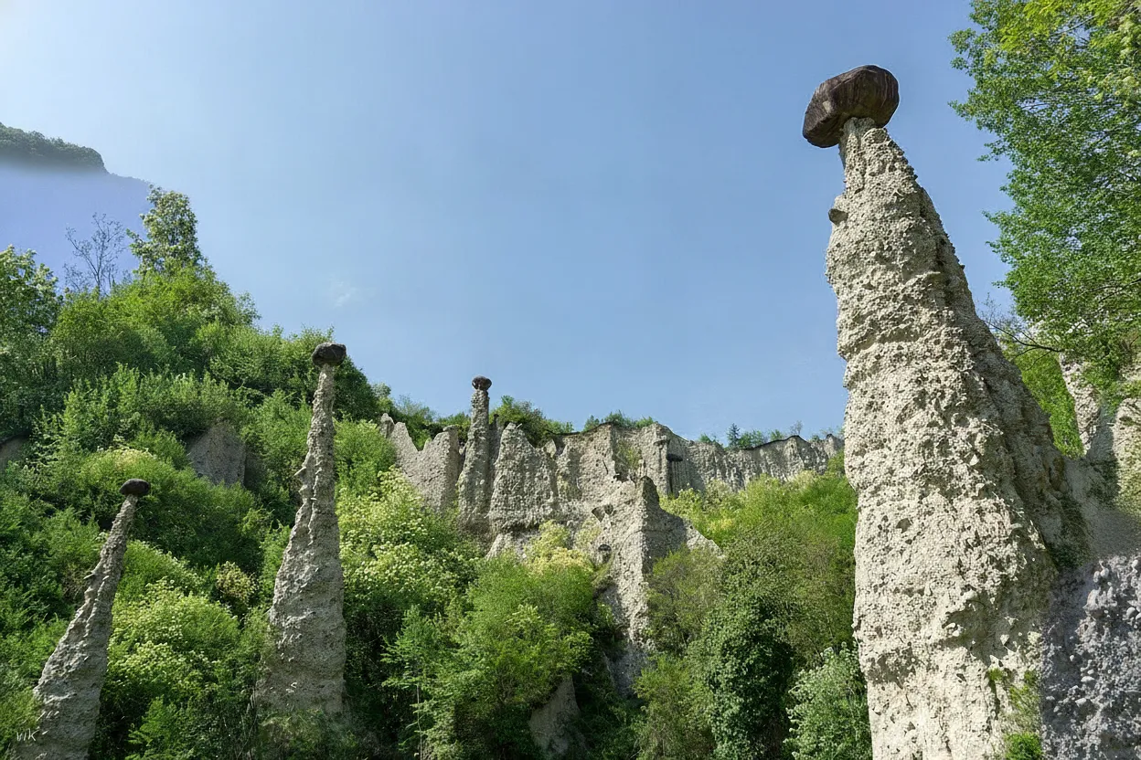 Towering earth pyramid with a large boulder cap against a backdrop of green trees and blue sky at Piramidi di terra di Zone.