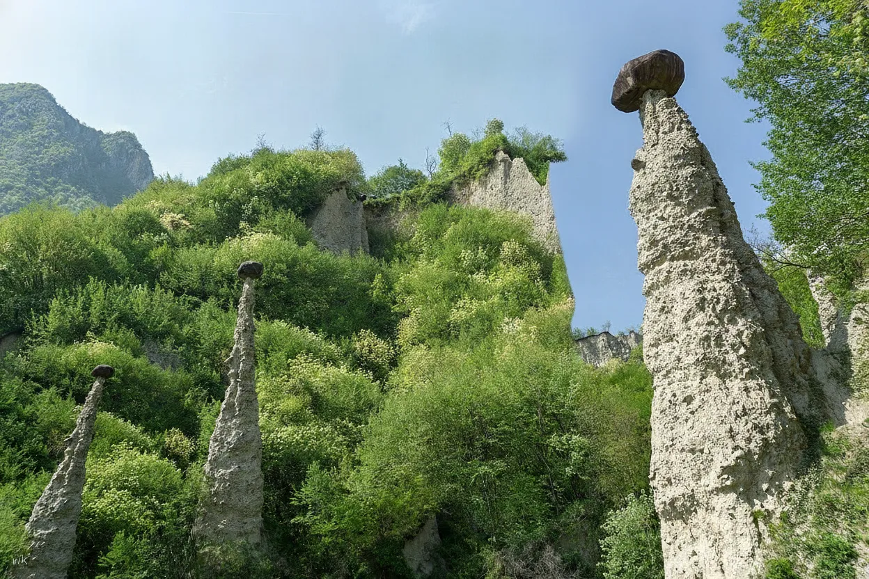 A walking path winding through a dense forest of earth pyramids with varying heights and boulder caps.