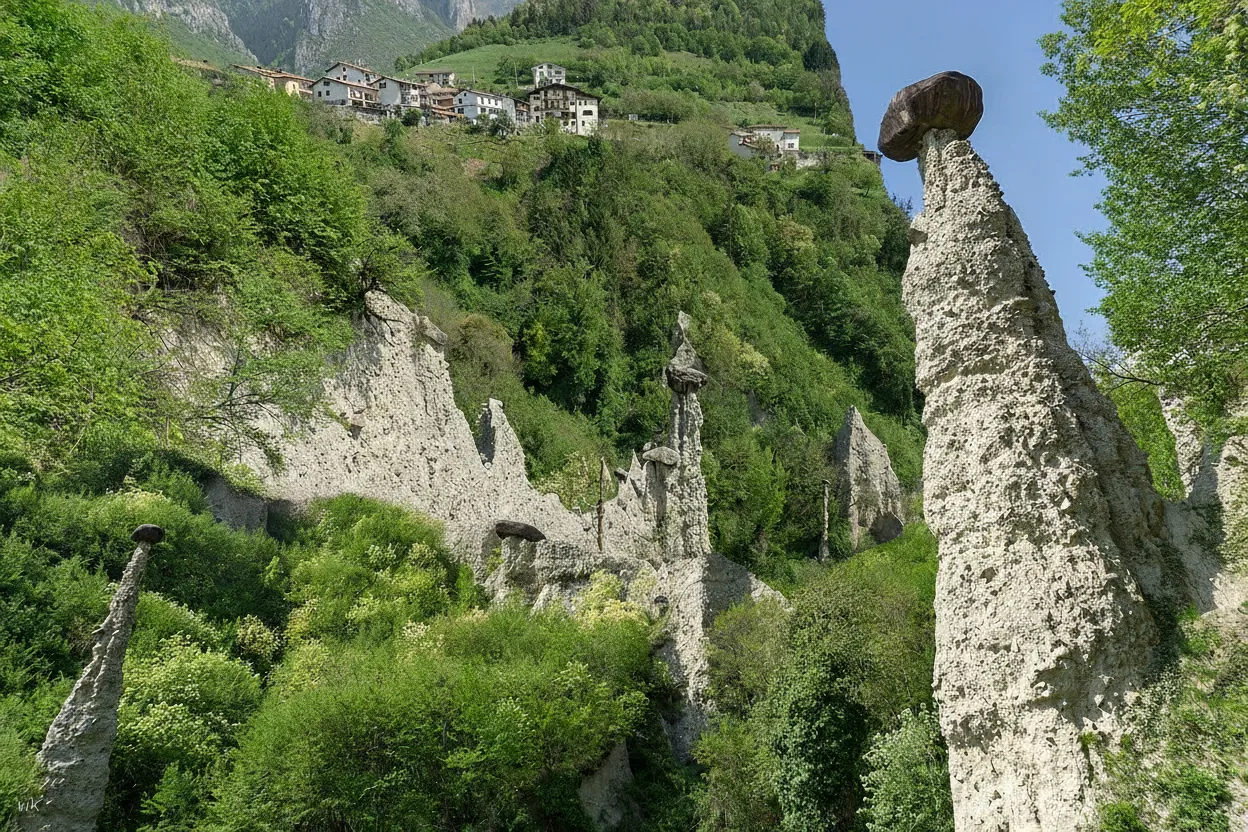 A panoramic view of the Piramidi di terra di Zone from an elevated viewpoint, showing multiple earth pyramids and the surrounding lush forest.