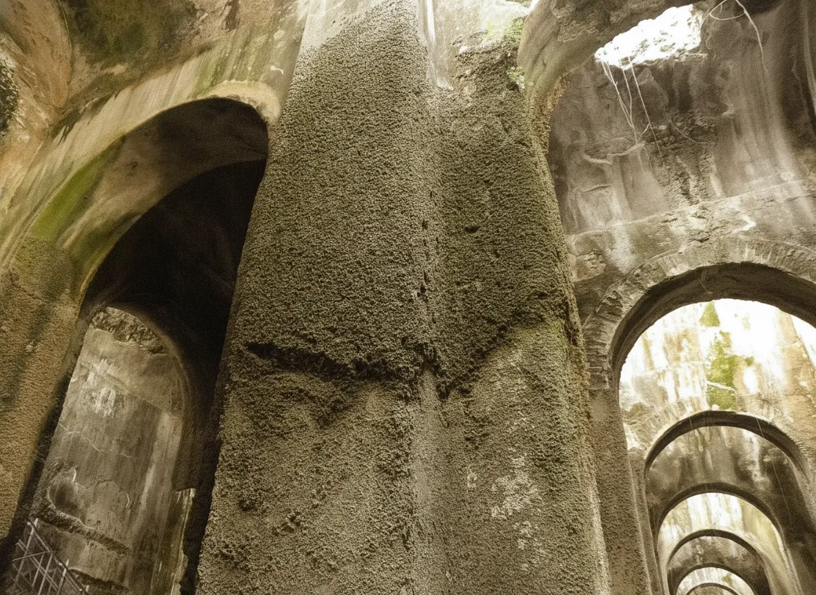 Interior view of Piscina Mirabilis showing rows of massive stone pillars supporting a vaulted ceiling, with light filtering in from above.